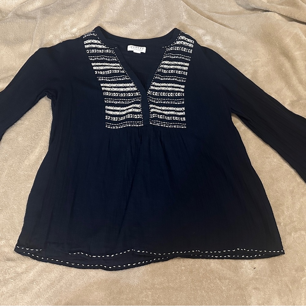 Anthropologie Velvet by Graham & Spencer Navy Embroidered Blouse